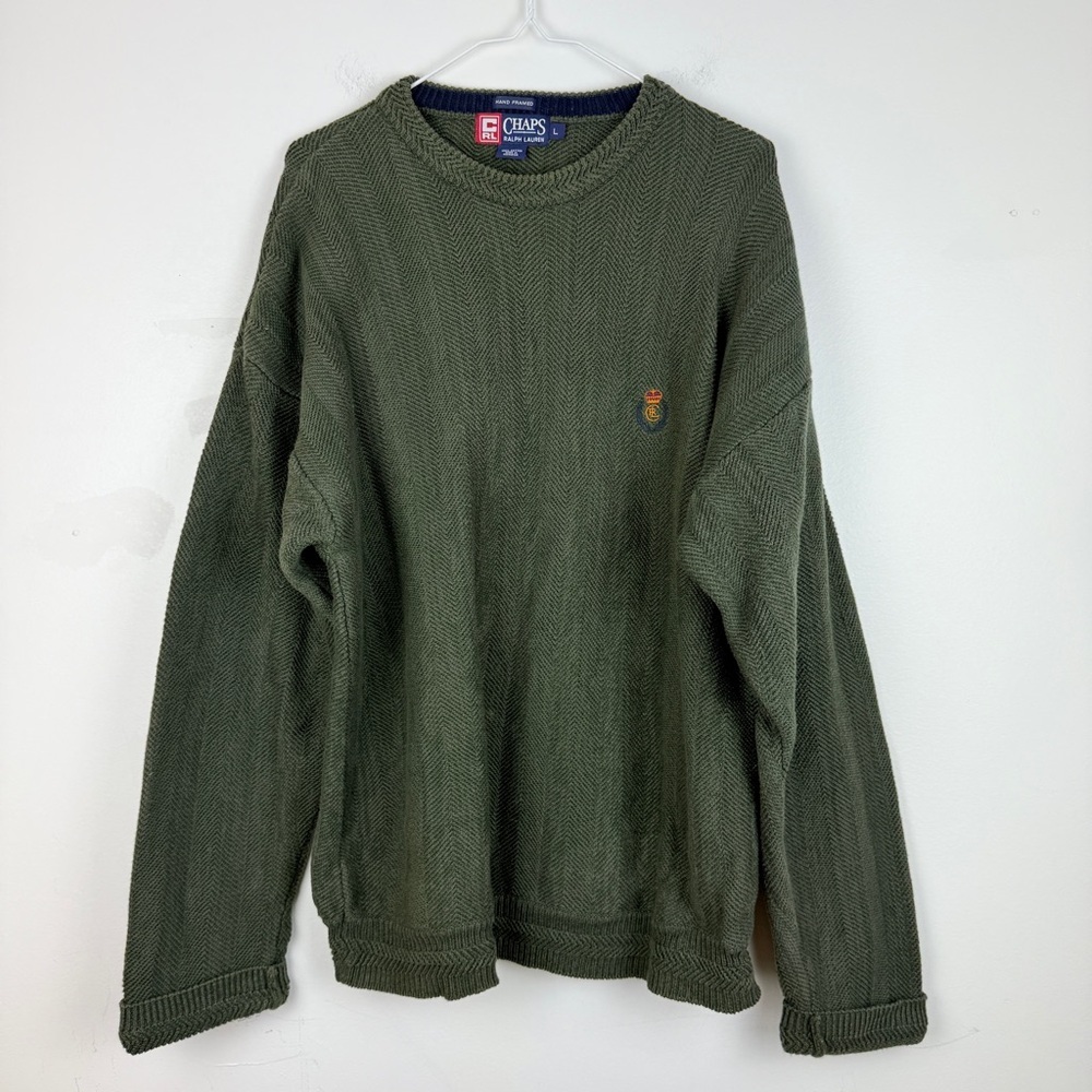 Vintage Chaps RL Crewneck Sweater Olive Green Textured Herringbone Chunky Knit